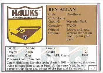 1992 AFL Regina #70 Ben Allan Back